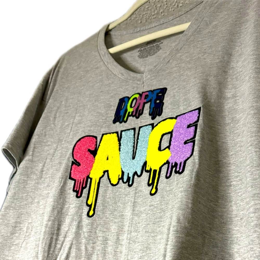 Custom “DOPE SAUCE” Hanes Heather Grey V-Neck T-Shirt Size XL - Picture 4 of 7